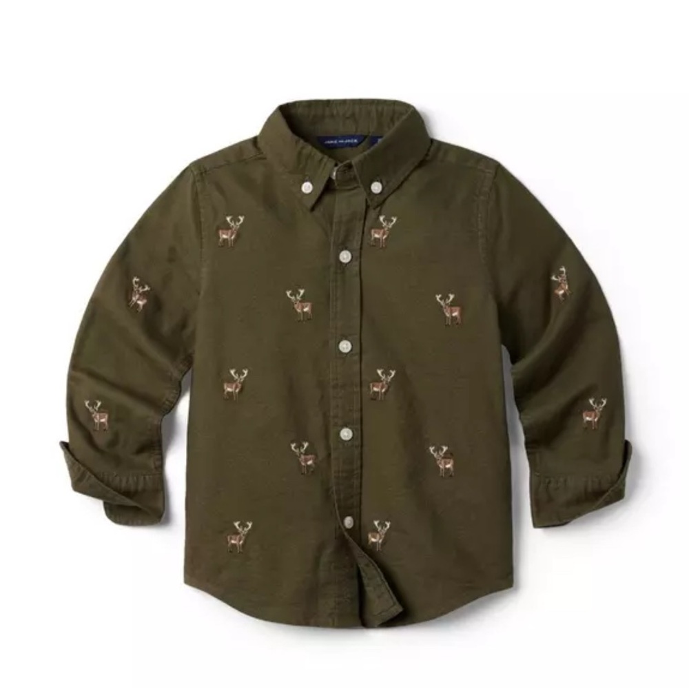 Janie and Jack Olive Button Down Shirt with Deer Embroidery
